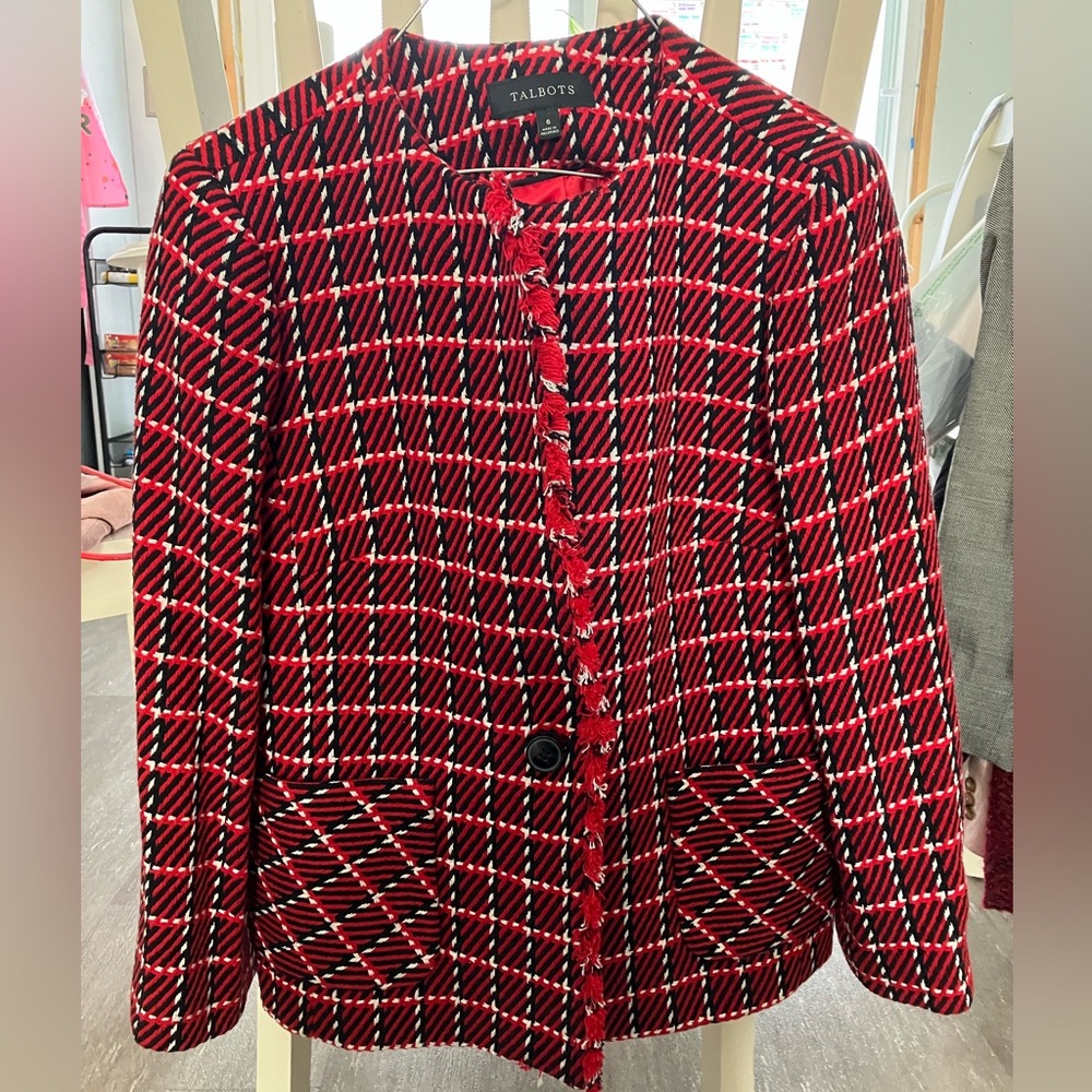 Talbots Womens Red Black White Plaid Tweed Fringe Trim Blazer Jacket Size 6